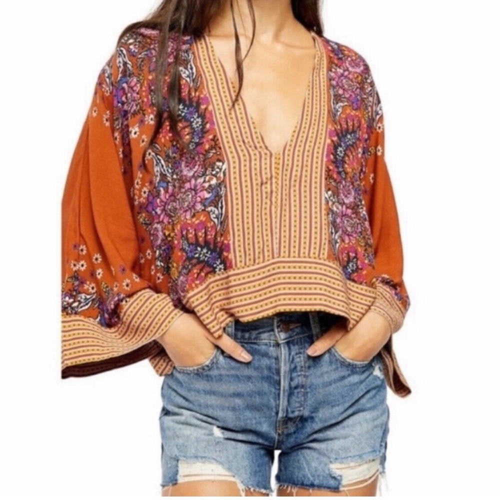 Free People Floral Stripe Print Tan Draped Kimono Bell Sleeve Boho Top- M